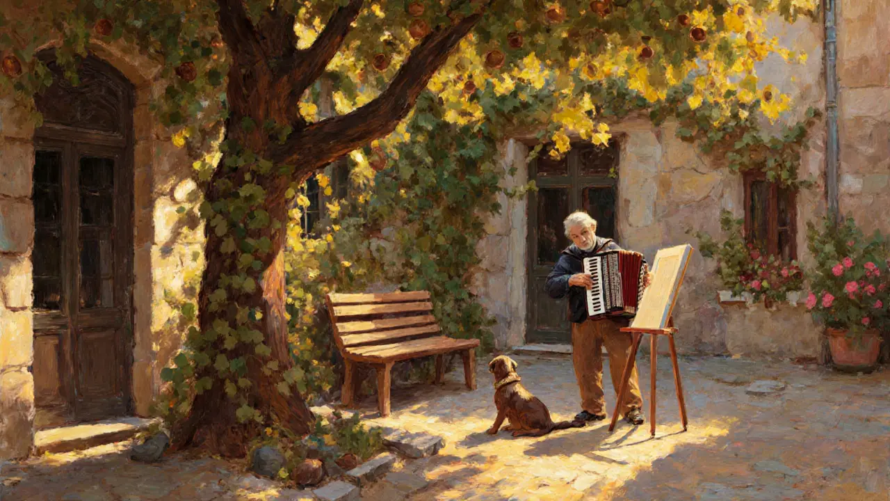 A quiet hidden courtyard in Montmartre with ivy-covered walls, a bench, a dog, and an artist's easel in golden hour light.