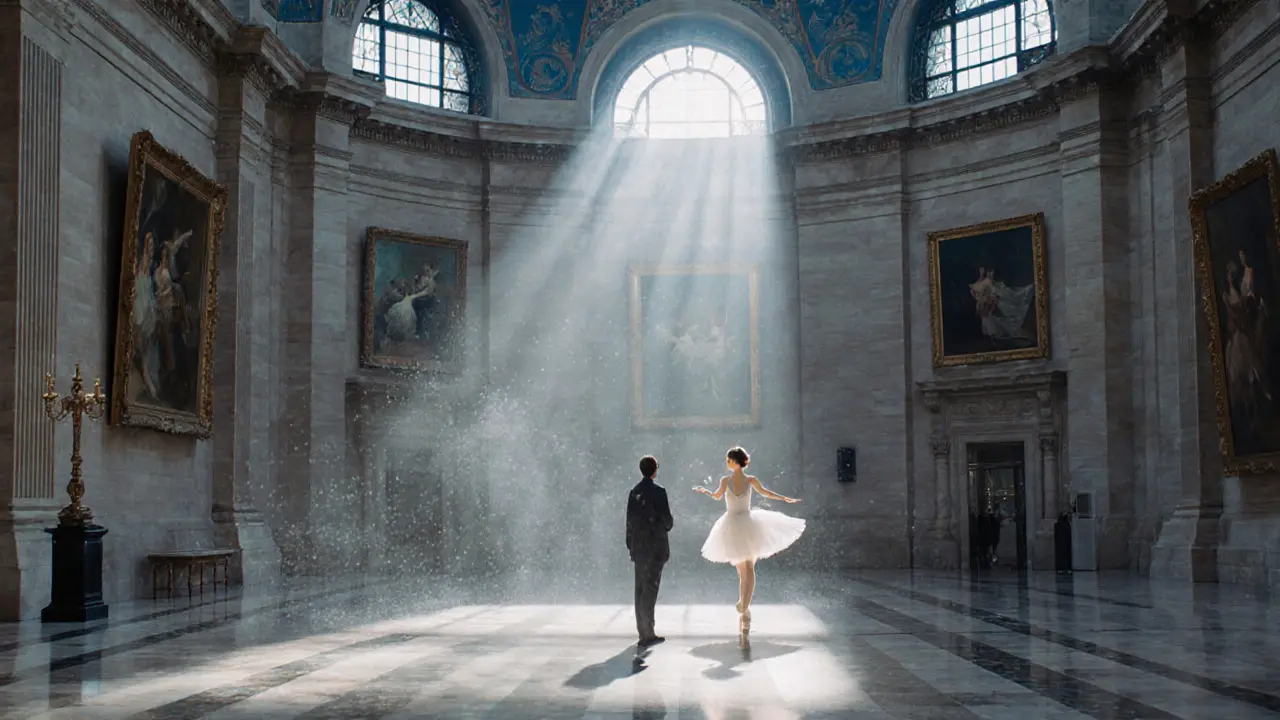 An empty Musée d’Orsay at dawn, sunlight streaming through windows as a visitor stands before Degas’s ballerinas.