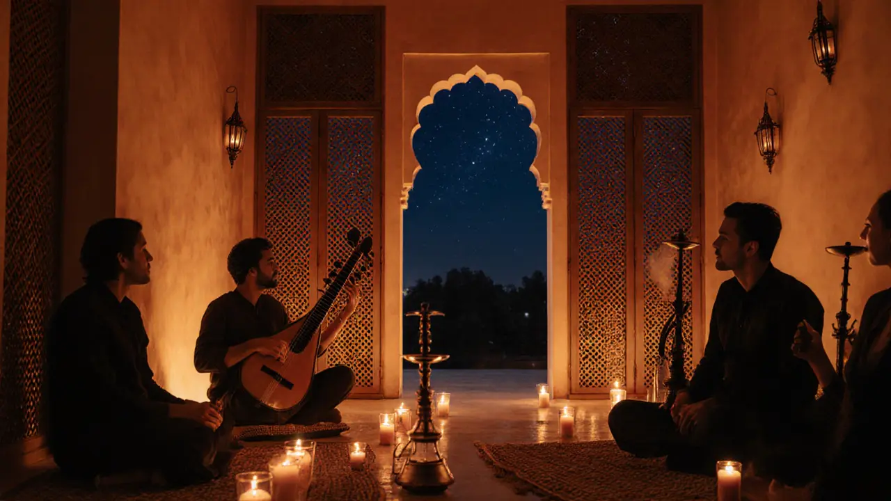 Candlelit traditional Arabic music lounge with oud player and shisha in historic Dubai district.