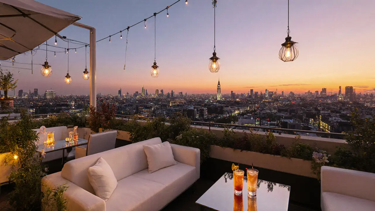 Chic rooftop bar at Sketch with sunset sky, elegant seating, and city skyline.