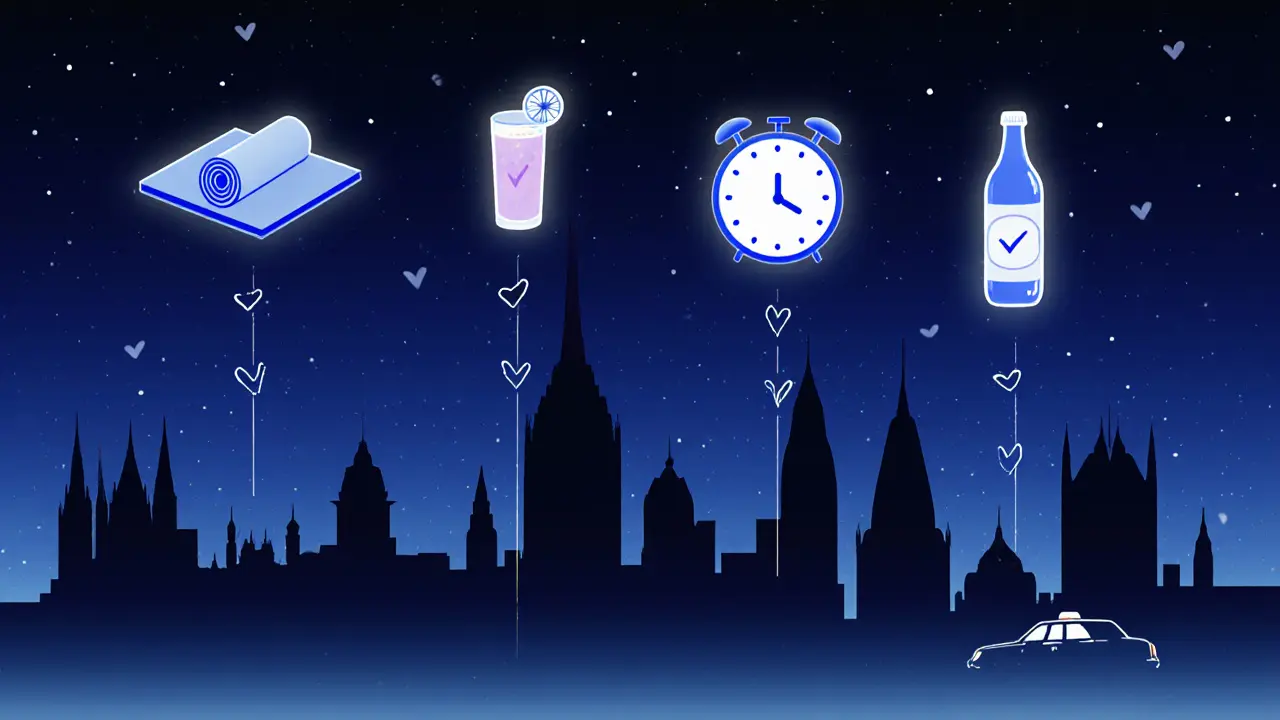 Conceptual night skyline with icons for yoga, healthy drinks, hydration, and safe ride.