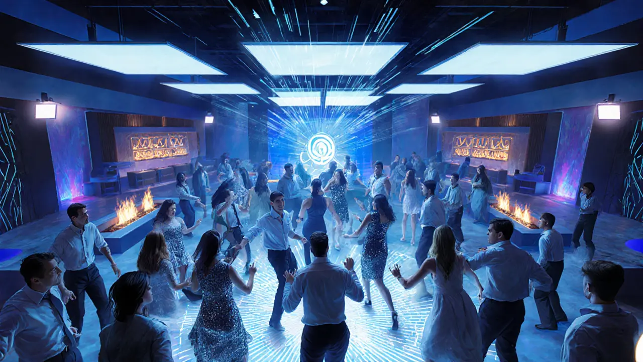 Crowd dancing under neon lights at White Dubai nightclub with premium sound system and VIP area.