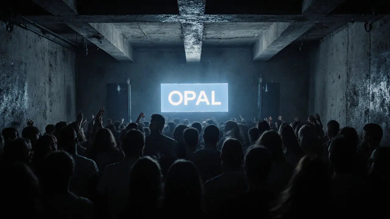 Crowd immersed in a raw concrete nightclub with glowing LED name panel and industrial lighting.