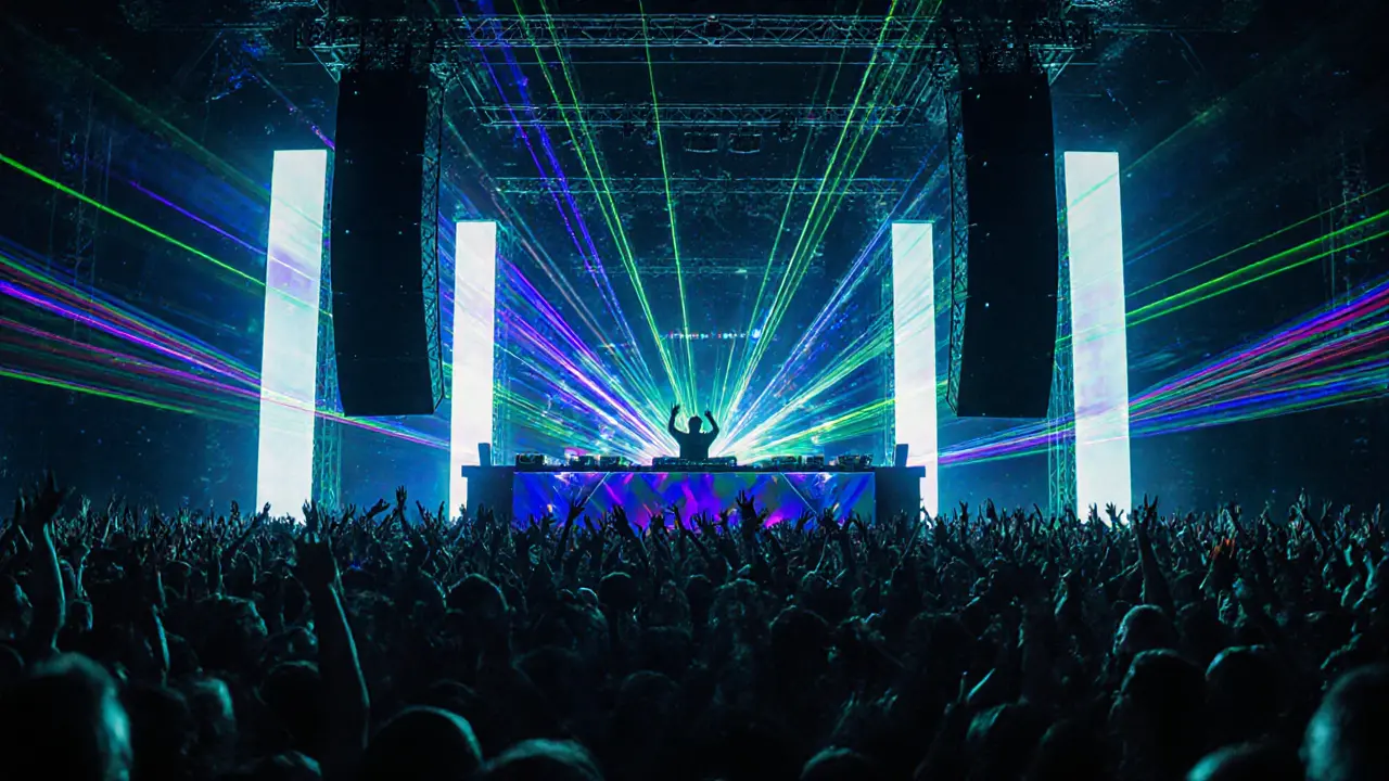 Energetic EDM club interior with laser lights, crowd dancing, and DJ booth at the center.