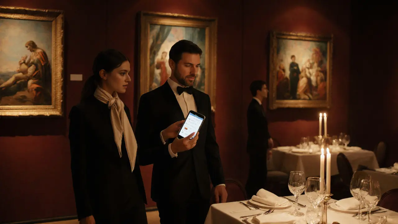 Escort and client touring a private gallery and fine dining table in Milan.