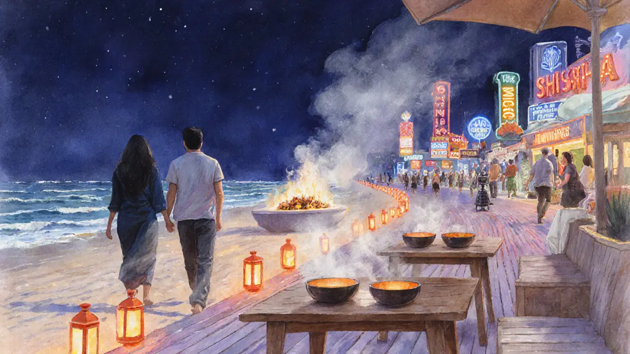 Evening scene of people walking from a beach shisha lounge to The Walk at JBR.