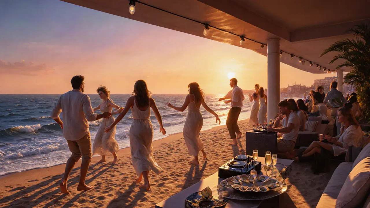 Guests dancing barefoot on a beach at sunset with ocean waves and champagne glasses nearby.