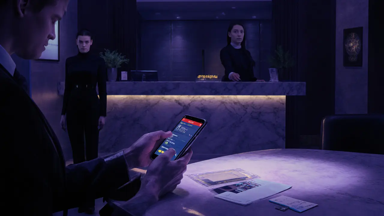 Hotel lobby scene with an escort checking a safety app and verification documents.