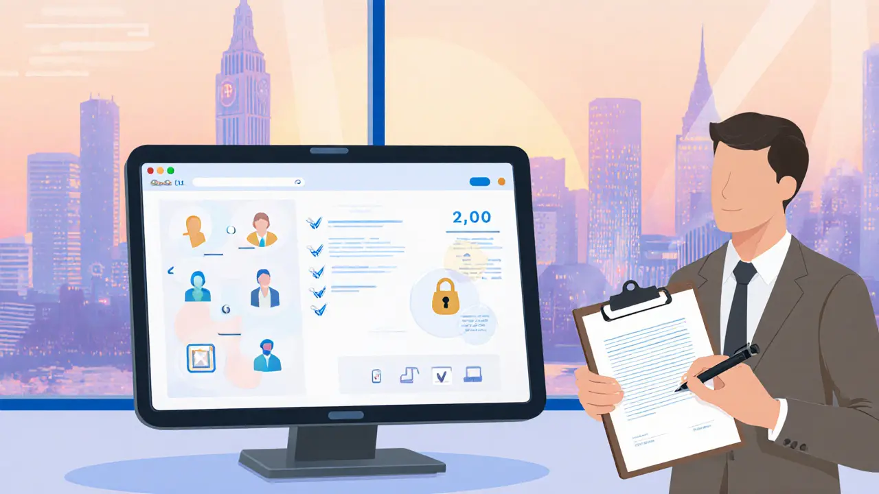 Illustration of a tablet showing verified profiles and escrow, with an escort signing a contract.