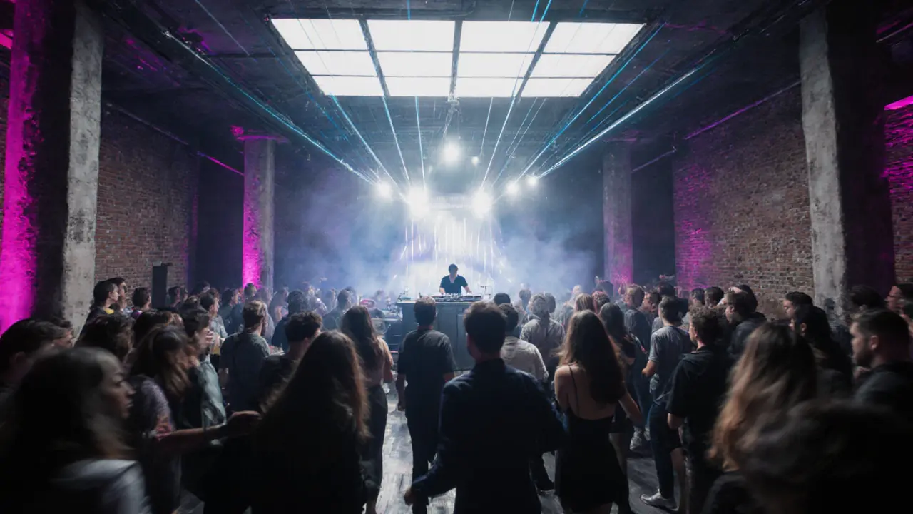 Inside Alcatraz club, crowd dancing under LED lights and laser beams with DJ at the booth.