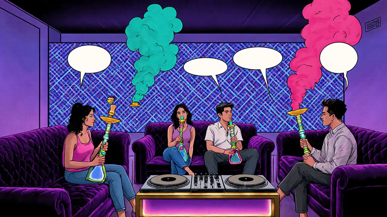 Interior of Al Barsha Hookah Lounge with LED walls, DJ, and friends sharing hookah.