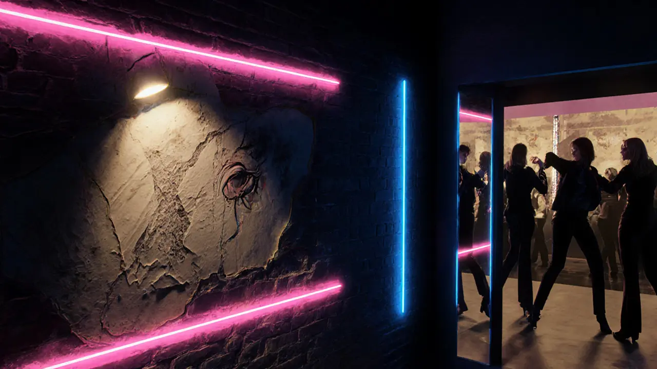 Low‑light underground club with neon accents, surreal mural, and mirrored reflections of dancers.