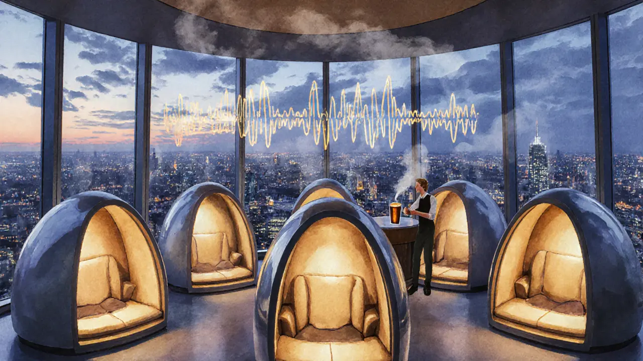 Meditation Lounge at The Shard with pods, city view, and golden turmeric drink.