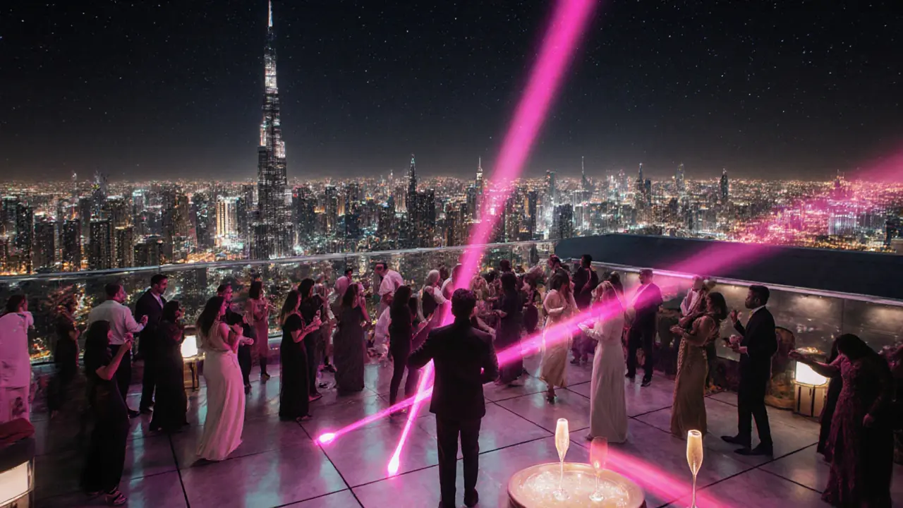 Rooftop club high above Dubai city skyline, people dancing under stars with Burj Khalifa glowing in the distance.