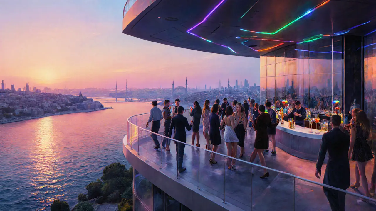 Rooftop lounge with sunset view over Bosphorus and inclusive dancing crowd.