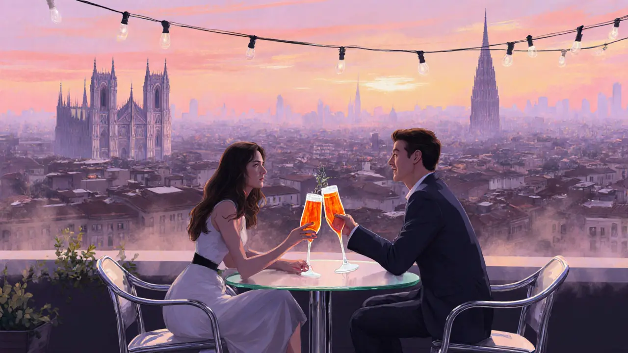 Rooftop Terrazza Aperol at sunrise, couple sipping drinks with Milan skyline in background.