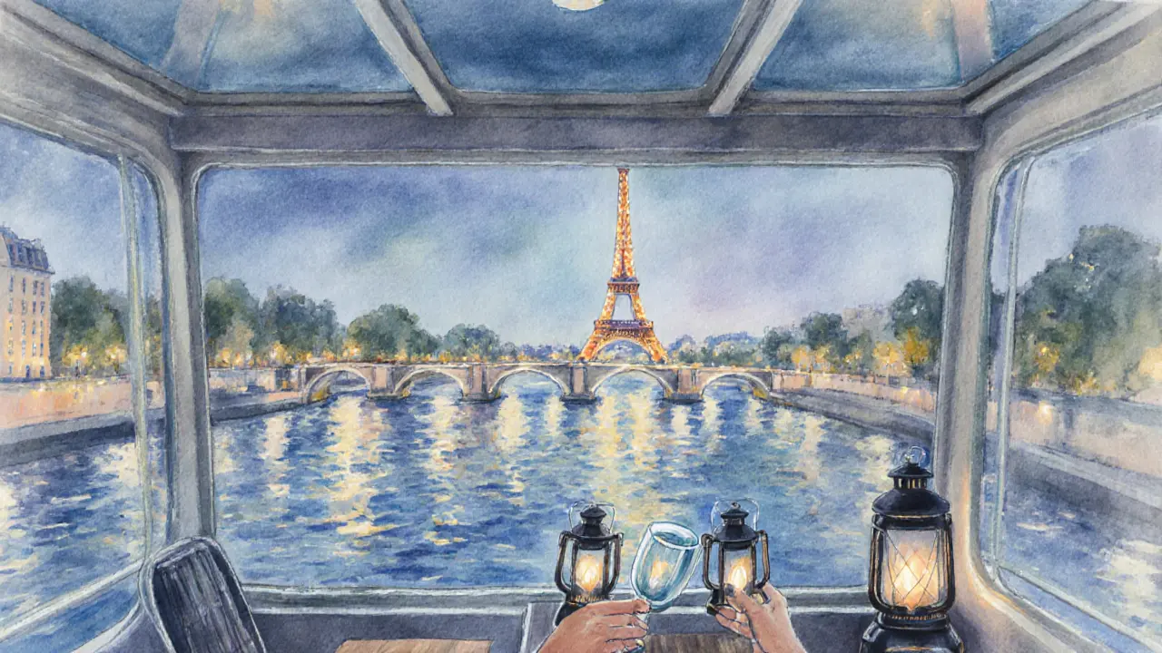 Seine river cruise deck showing reflections of bridges and the Eiffel Tower in soft watercolor tones.