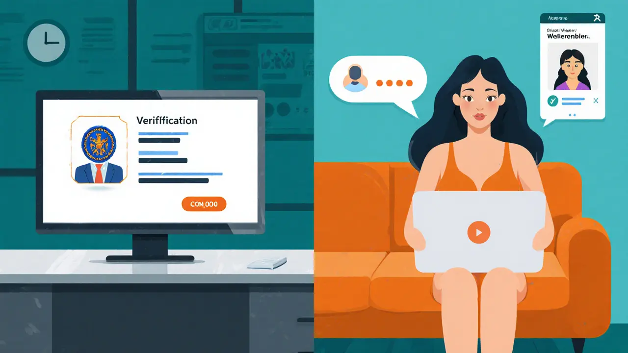 Split-screen showing agency verification badge and independent escort video call with blurred ID.