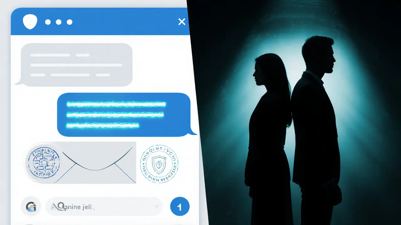 Split view of encrypted chat and sealed envelope symbolizing discreet vetting.