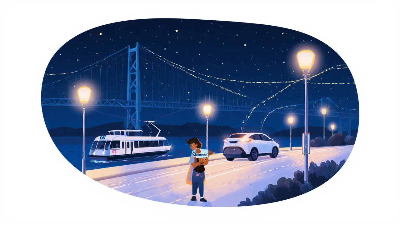 Traveler with Istanbulkart near illuminated tram, ferry, and ride‑share routes.