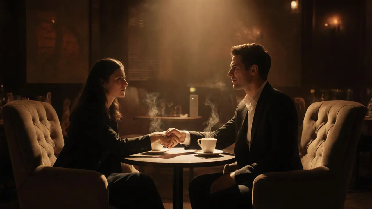 Warm café scene of a first public meeting between client and escort, followed by a follow‑up text.