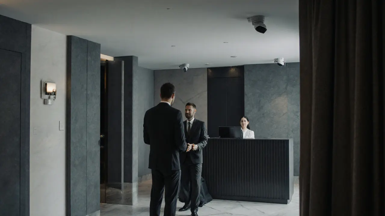 A client meets an escort in a secure hotel lobby, surrounded by professional, discreet surroundings.