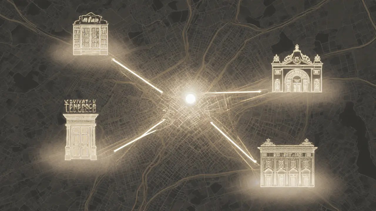 A conceptual map of Milan with glowing pathways linking discreet, verified locations associated with professional companionship.