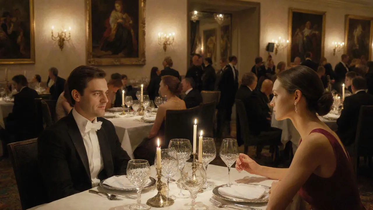 A couple enjoying a refined dinner at a luxury London restaurant during a gala.