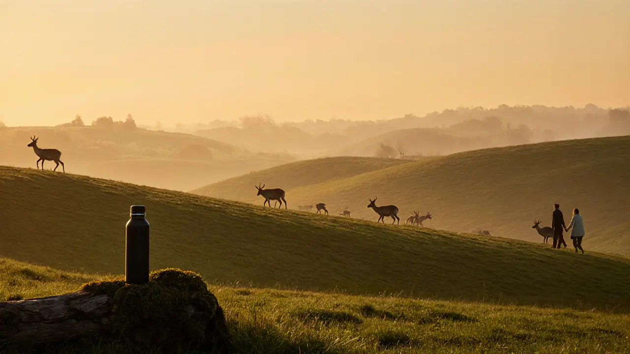 A couple walking slowly through Richmond Park at sunset with deer grazing in golden light.