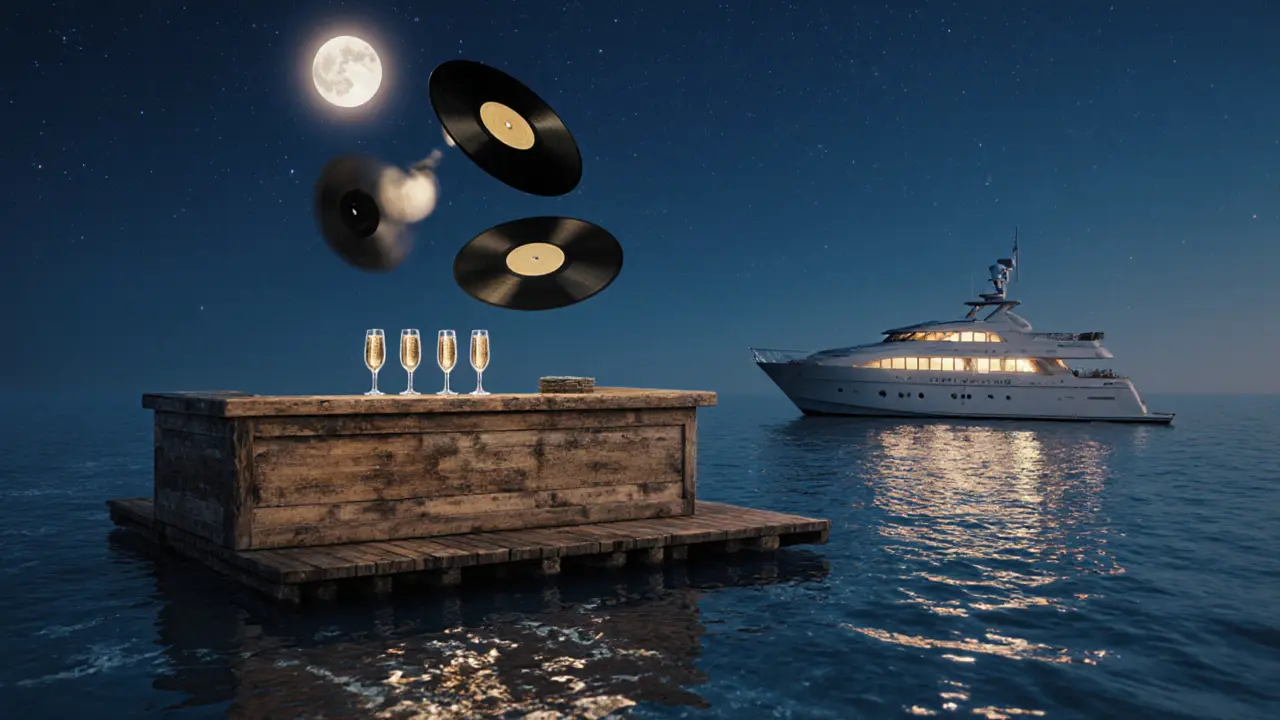 A floating bar on calm water with hovering vinyl records and crystal glasses, illuminated by moonlight in a dreamlike scene.