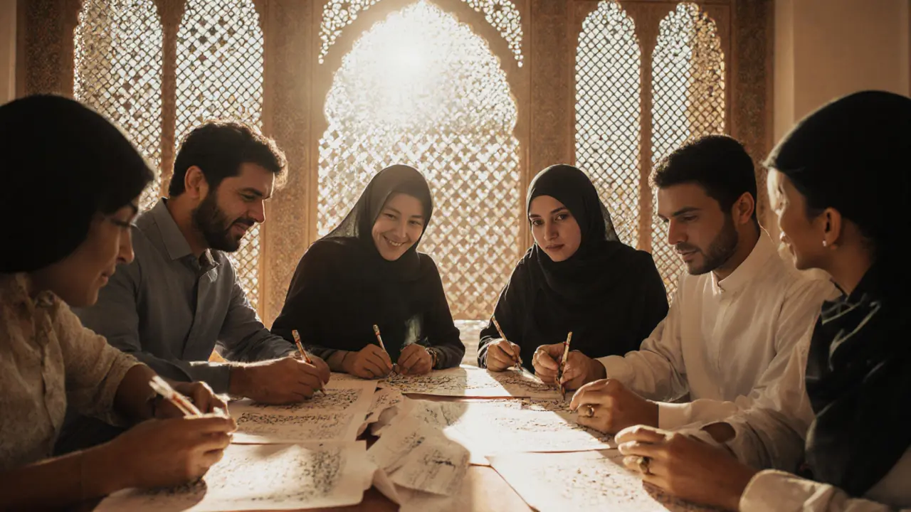 A group learning Emirati calligraphy in a heritage setting, sharing cultural moments with quiet respect.