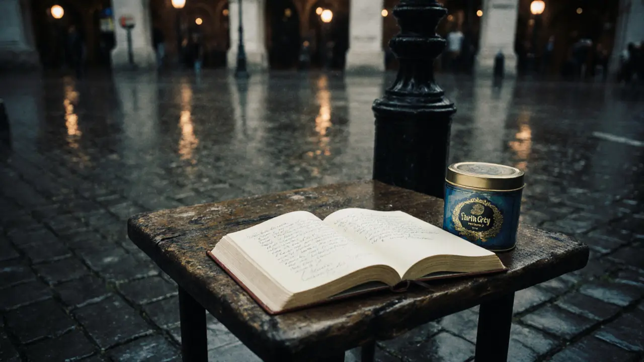 A handwritten note and vintage tea tin beside an old travel journal in Leadenhall Market after rain.