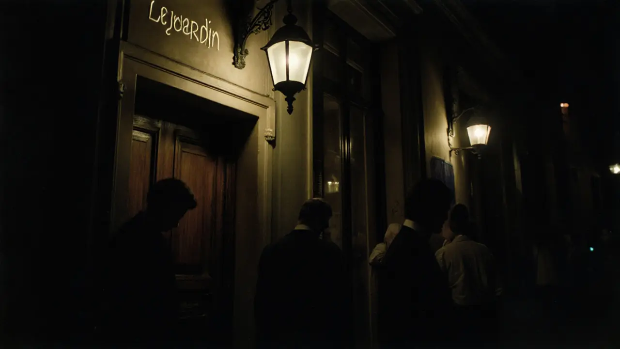 A hidden nightclub entrance at night, dimly lit and unmarked, with figures entering quietly.