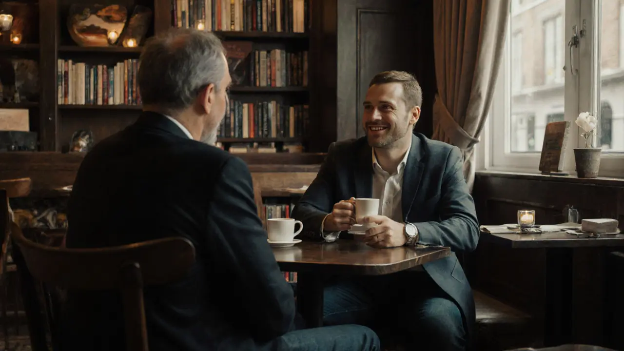 A man and older client share coffee in a quiet café, engaged in thoughtful conversation.