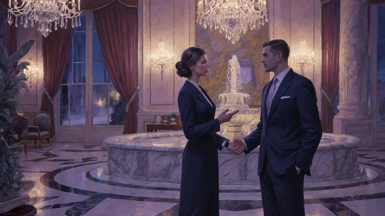 A man and woman converse politely in a luxurious Milan hotel lobby, conveying discretion and mutual respect.