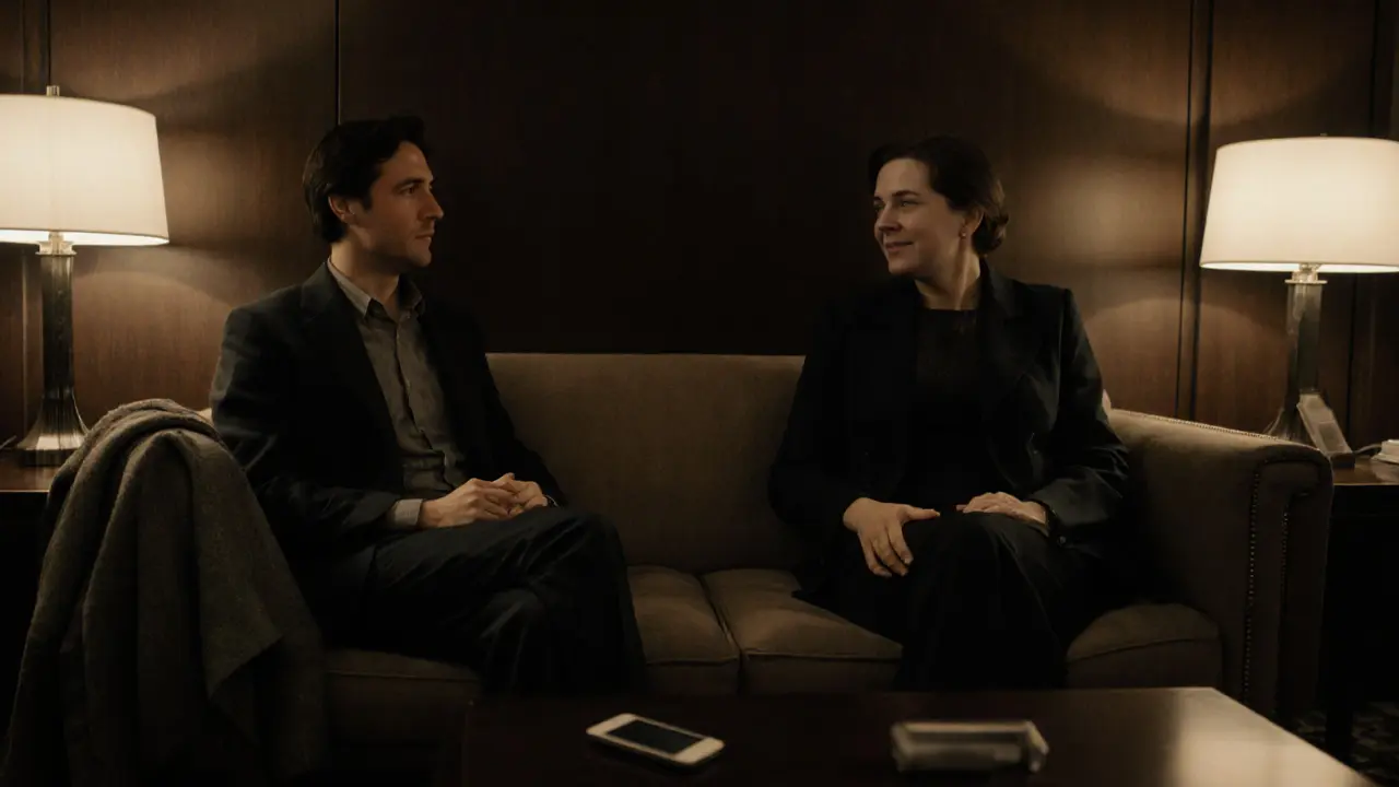 A man and woman meeting in a hotel lounge, maintaining respectful distance and calm body language.