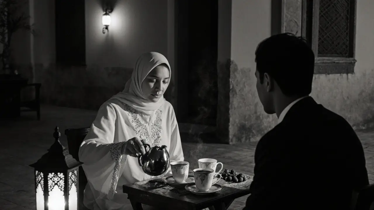 A man and woman share quiet moments in a heritage courtyard, pouring Arabic coffee under warm lantern light, no faces shown.