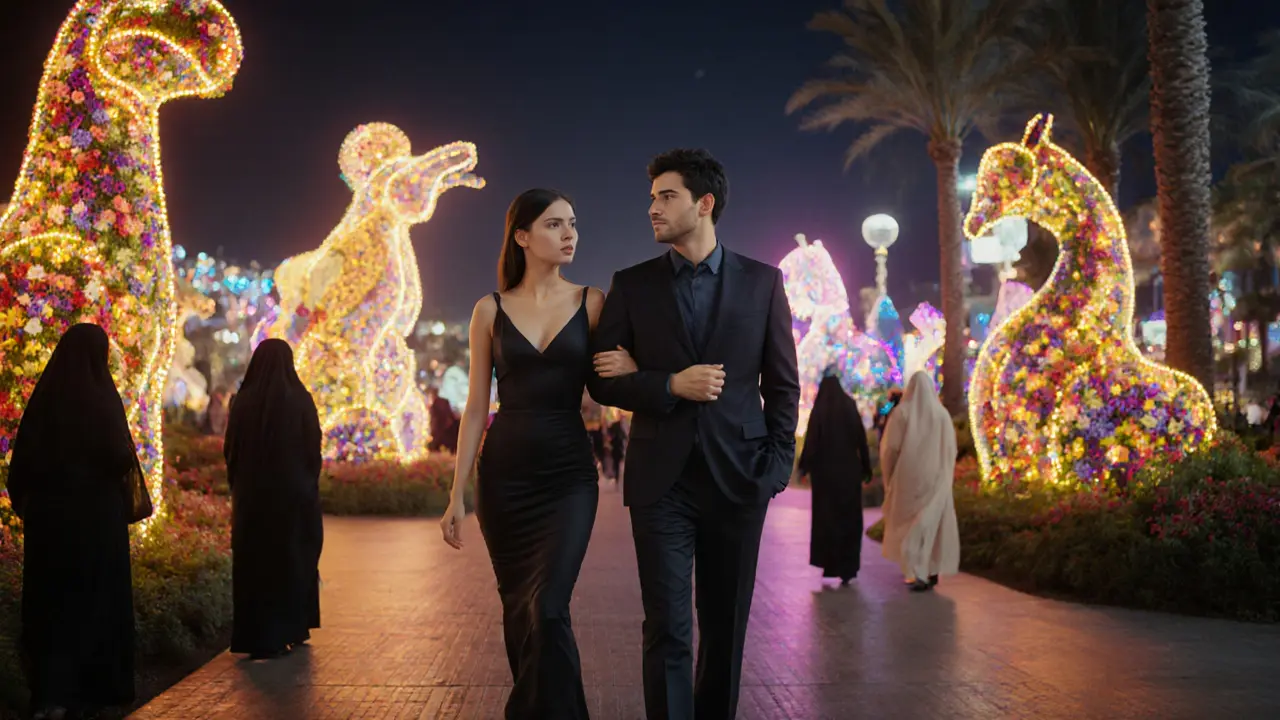 A man and woman walk peacefully through the glowing Dubai Miracle Garden at night, surrounded by vibrant flowers and modestly dressed passersby.