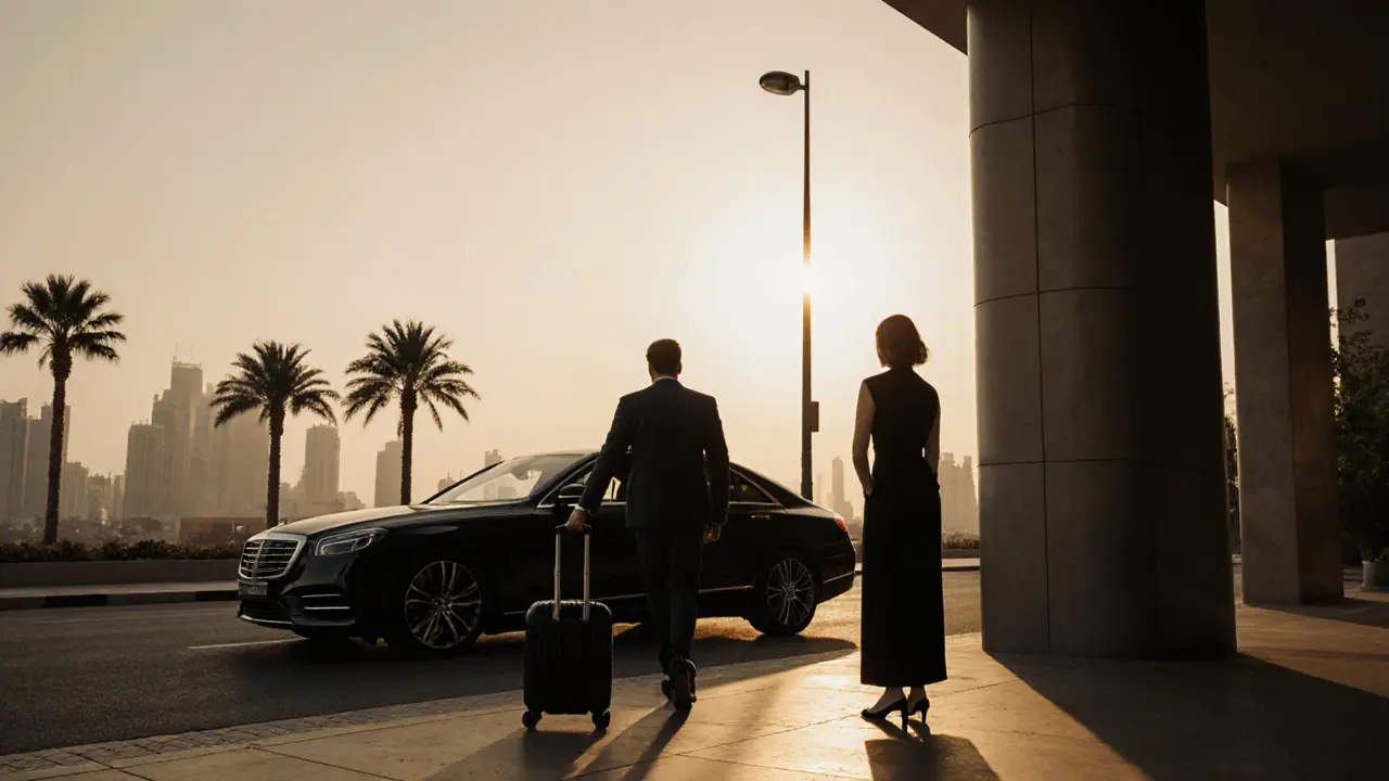 A man walking away from a car near a Dubai hotel, turning his back on a shadowy figure under a streetlamp.