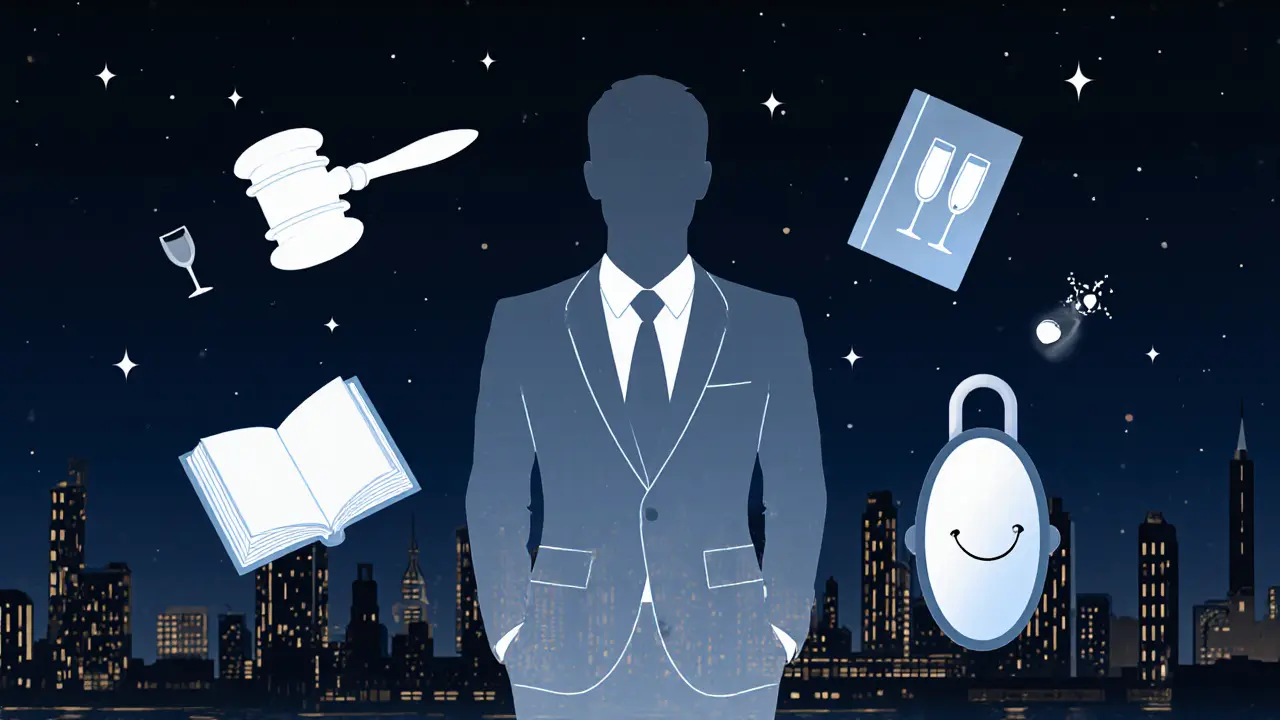 A minimalist symbolic illustration of a business executive surrounded by status icons in a London night setting.