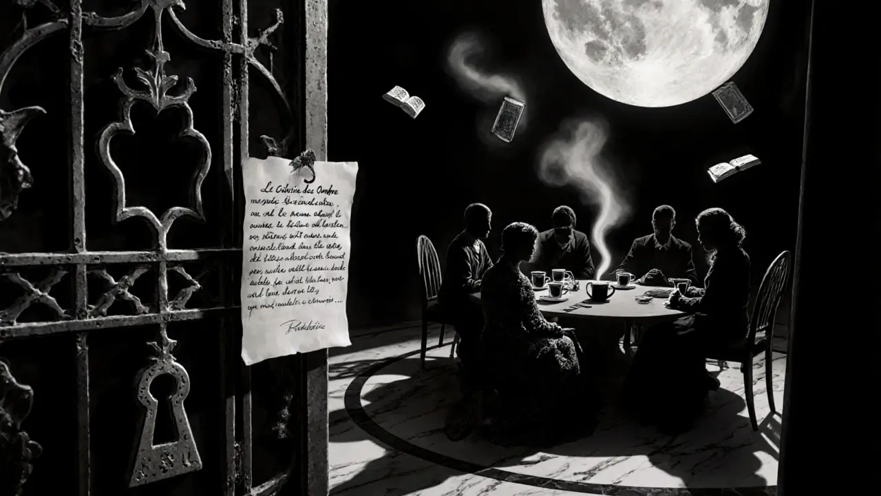 A mysterious door with a raven keyhole under a full moon, floating Baudelaire note and shadowy figures inside.
