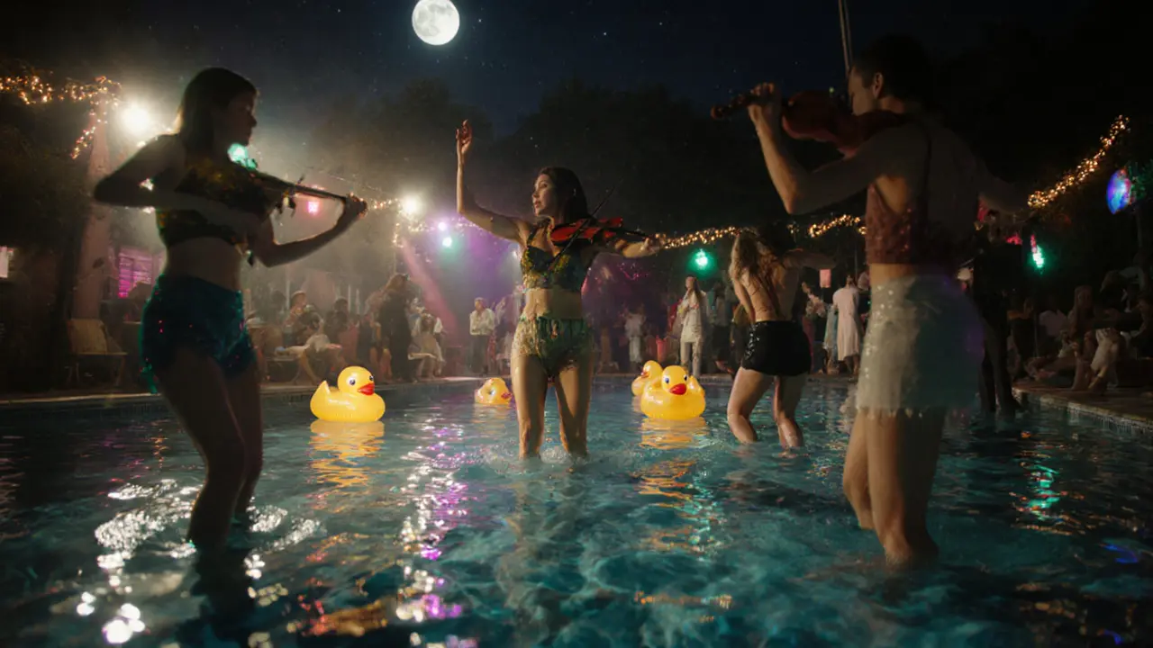A nighttime swimming pool transformed into a dance space, people dancing barefoot in shallow water under fairy lights.
