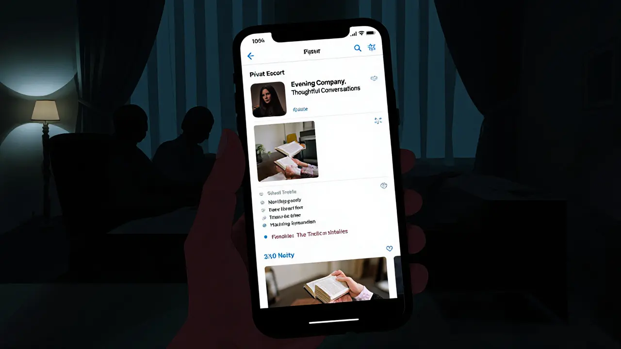 A private online profile shows vague text and a tasteful photo, viewed on a darkened smartphone.