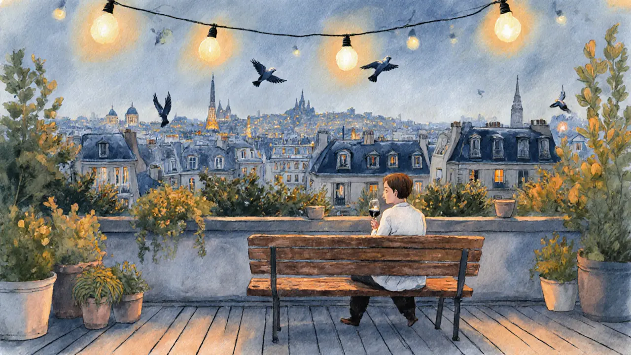 A quiet rooftop bar with city lights in the distance, someone sipping wine on a wooden bench.