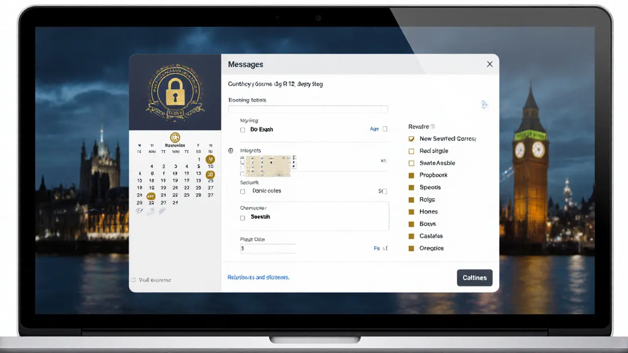 A secure booking portal on a laptop showing client preferences and encrypted scheduling for high-class companionship.