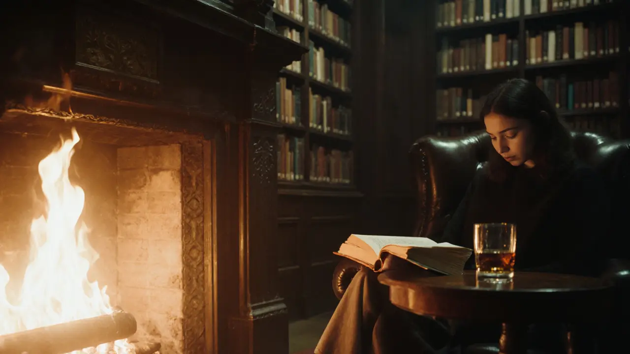 A solitary figure reading by a fireplace in a dimly lit, book-lined library lounge at night.