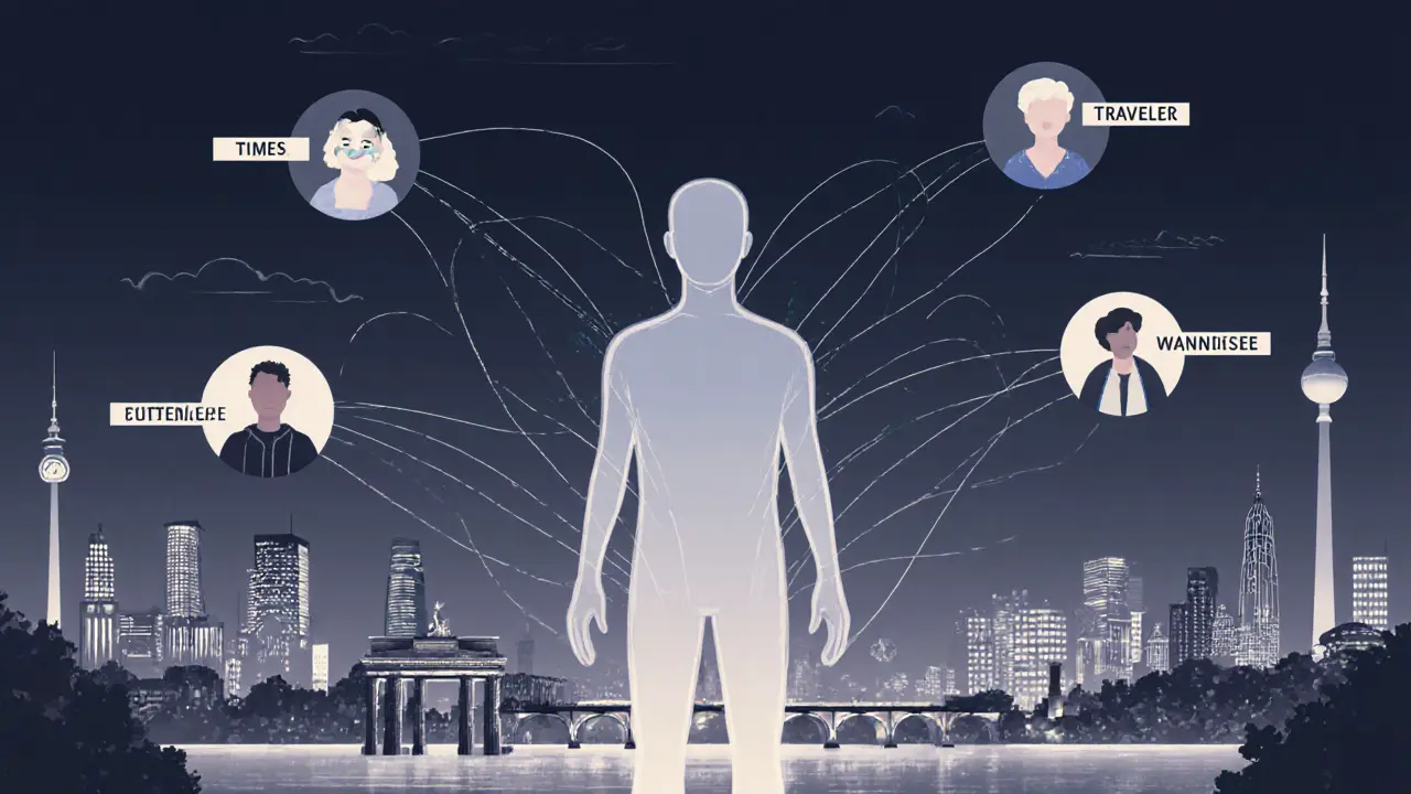 A symbolic figure connected by threads of human connection across Berlin’s cityscape.