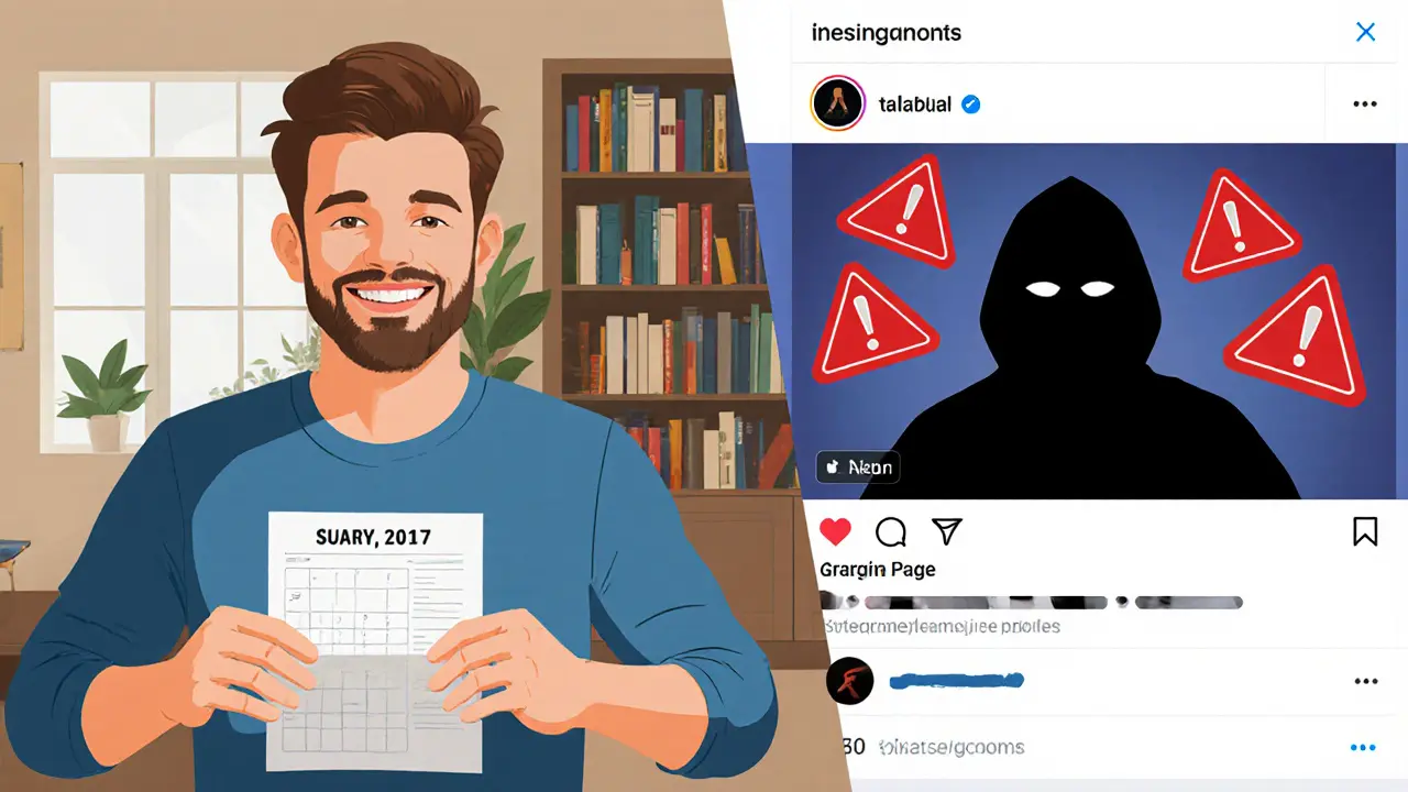 A video call on one side showing a person holding a date-written paper, contrasting with a blurred fake profile on the other.