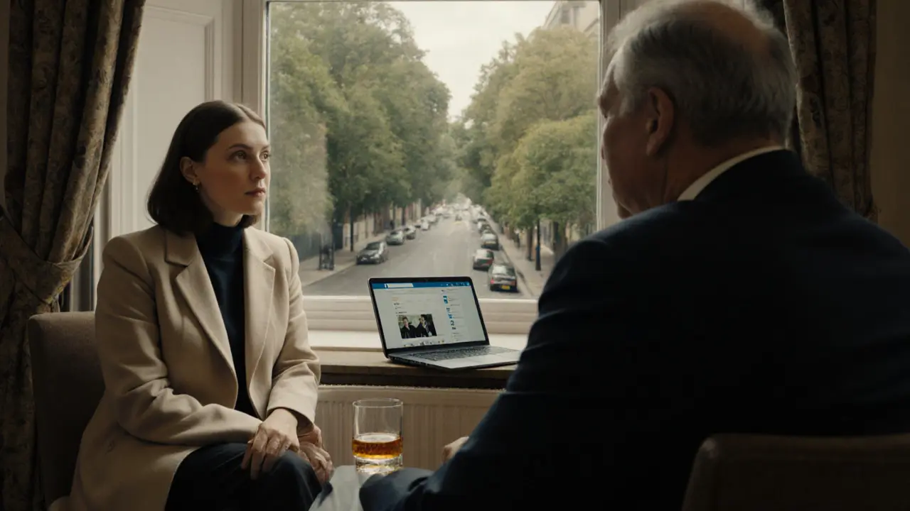 A woman and man having a quiet, respectful conversation in a private London apartment at midday.