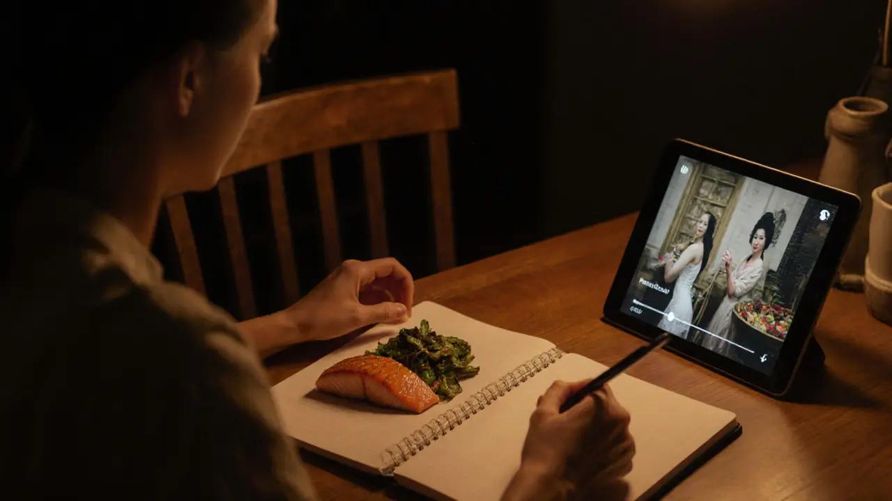 A woman cooking dinner at night, journal open beside her, reflecting quietly in soft kitchen light.